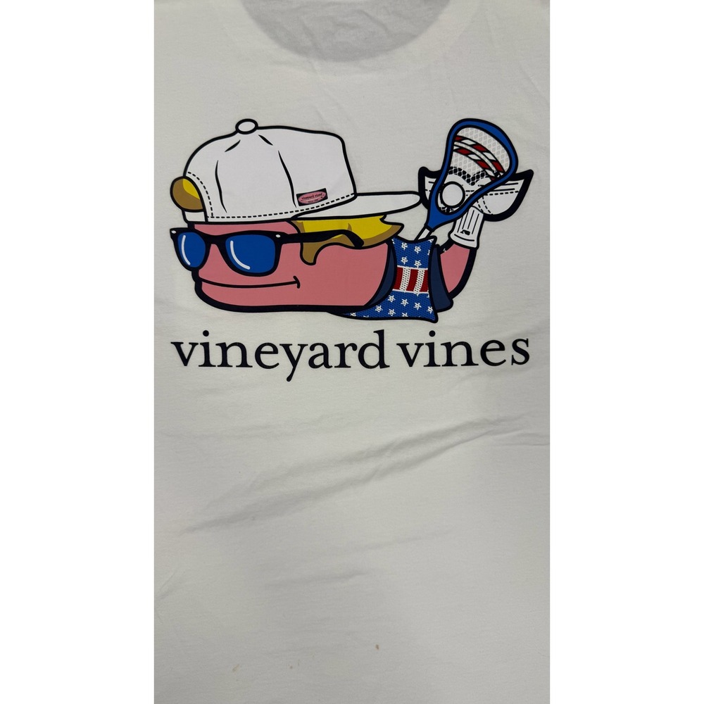 Vineyard Vines Mens Large White Lacrosse Whale Graphic Pocket T-Shirt Cotton